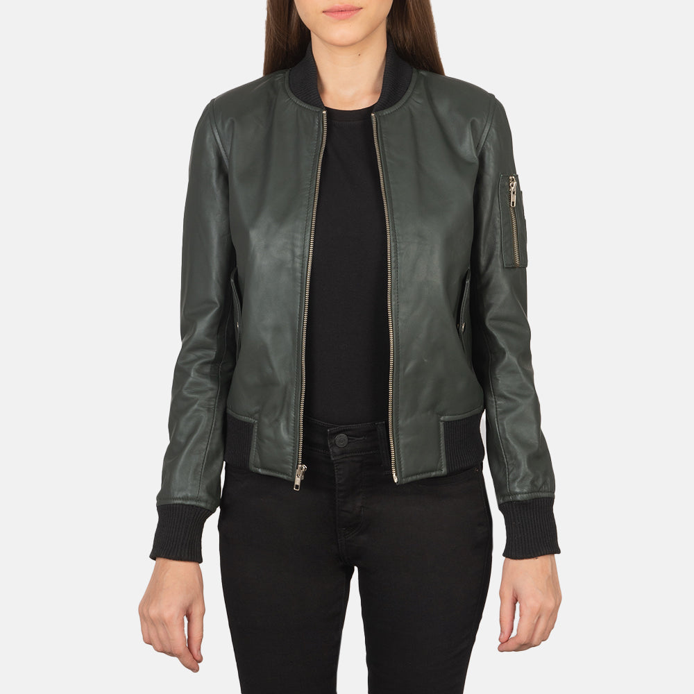 Womens MA1 Green Leather Bomber Jacket With Classical Look - Green Leather Jacket Bomber Jacket Women's MA1 Green Leather Bomber Jacket, Classical Women's Green Bomber Jacket, Stylish Women's Leather Jacket, Durable Green Bomber Jacket for Women, Fashionable Women's Bomber Jacket, High-Quality Women's Leather Outerwear, Classic Green Leather Jacket for Women, Trendy Women's Green Bomber Jacket, Women's Fashion Leather Jacket, Green Leather Jacket with Classical Look