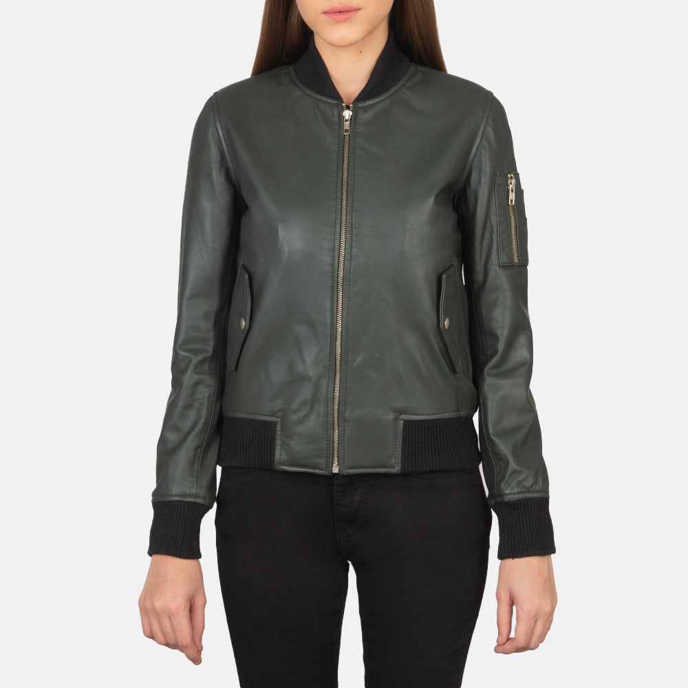 Womens MA1 Green Leather Bomber Jacket With Classical Look - Green Leather Jacket Bomber Jacket Women's MA1 Green Leather Bomber Jacket, Classical Women's Green Bomber Jacket, Stylish Women's Leather Jacket, Durable Green Bomber Jacket for Women, Fashionable Women's Bomber Jacket, High-Quality Women's Leather Outerwear, Classic Green Leather Jacket for Women, Trendy Women's Green Bomber Jacket, Women's Fashion Leather Jacket, Green Leather Jacket with Classical Look