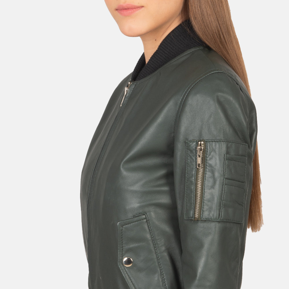 Womens MA1 Green Leather Bomber Jacket With Classical Look - Green Leather Jacket Bomber Jacket Women's MA1 Green Leather Bomber Jacket, Classical Women's Green Bomber Jacket, Stylish Women's Leather Jacket, Durable Green Bomber Jacket for Women, Fashionable Women's Bomber Jacket, High-Quality Women's Leather Outerwear, Classic Green Leather Jacket for Women, Trendy Women's Green Bomber Jacket, Women's Fashion Leather Jacket, Green Leather Jacket with Classical Look