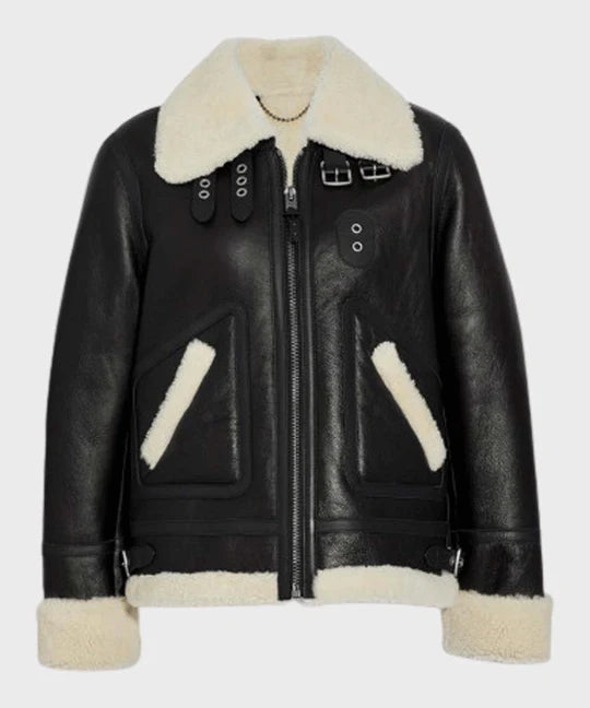 Womens Aviator Style Shearling Leather Jacket With Fur - Fur Jacket