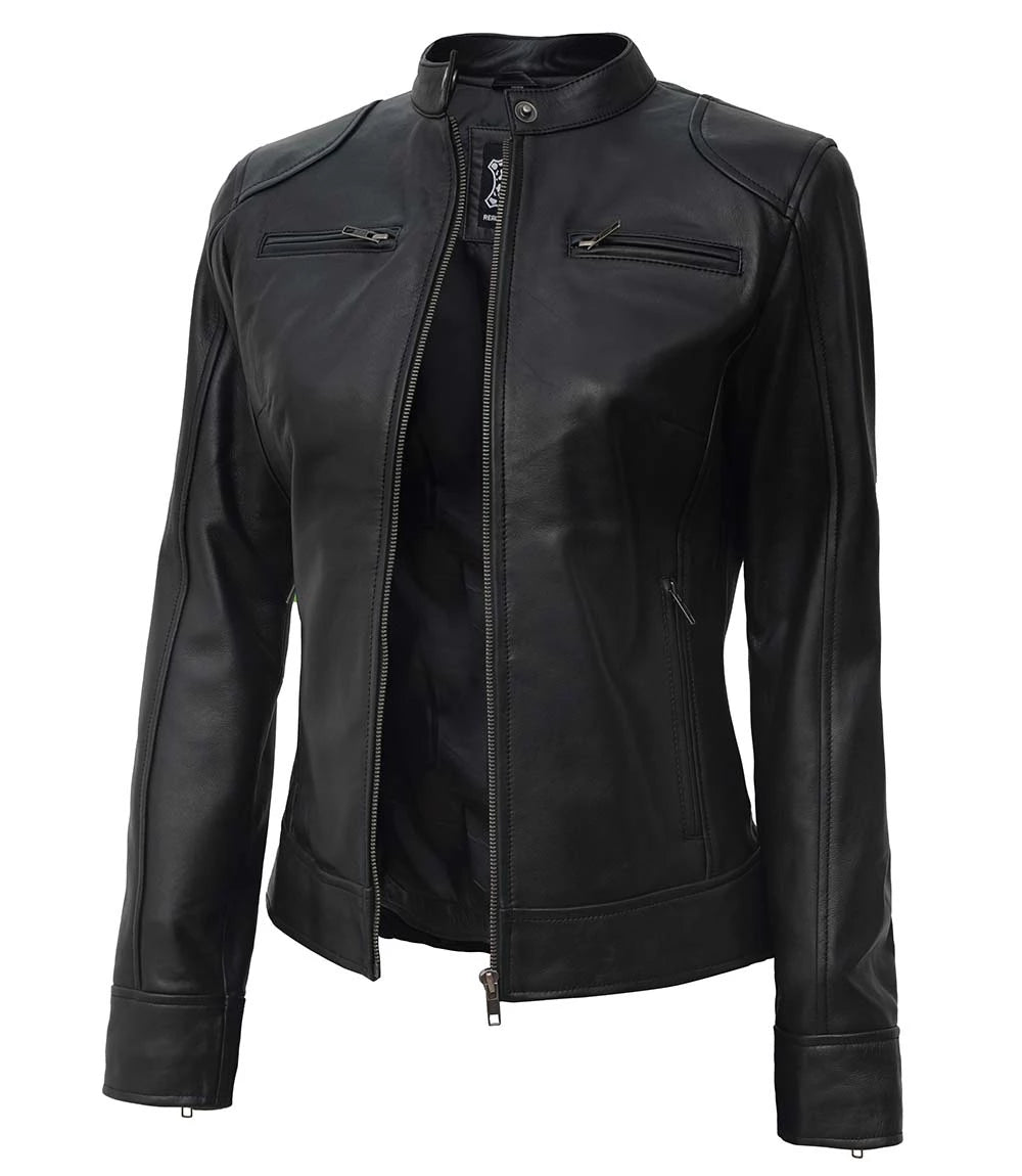 Black Leather Cafe Racer Jacket For Womens Black Leather Cafe Racer Jacket, Women's Leather Jacket, Stylish Leather Jacket, Biker Jacket for Women, High-Quality Leather Jacket