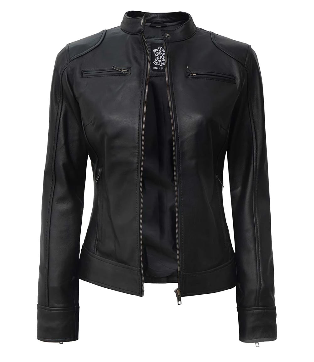 Black Leather Cafe Racer Jacket For Womens Black Leather Cafe Racer Jacket, Women's Leather Jacket, Stylish Leather Jacket, Biker Jacket for Women, High-Quality Leather Jacket