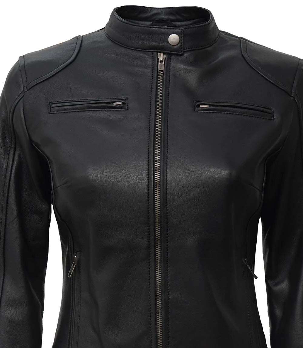 Black Leather Cafe Racer Jacket For Womens Black Leather Cafe Racer Jacket, Women's Leather Jacket, Stylish Leather Jacket, Biker Jacket for Women, High-Quality Leather Jacket