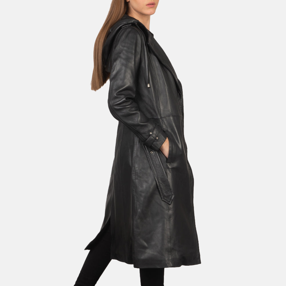 Womens Black Leather Trench Coat With Hooded - Leather Coat - Tonybon