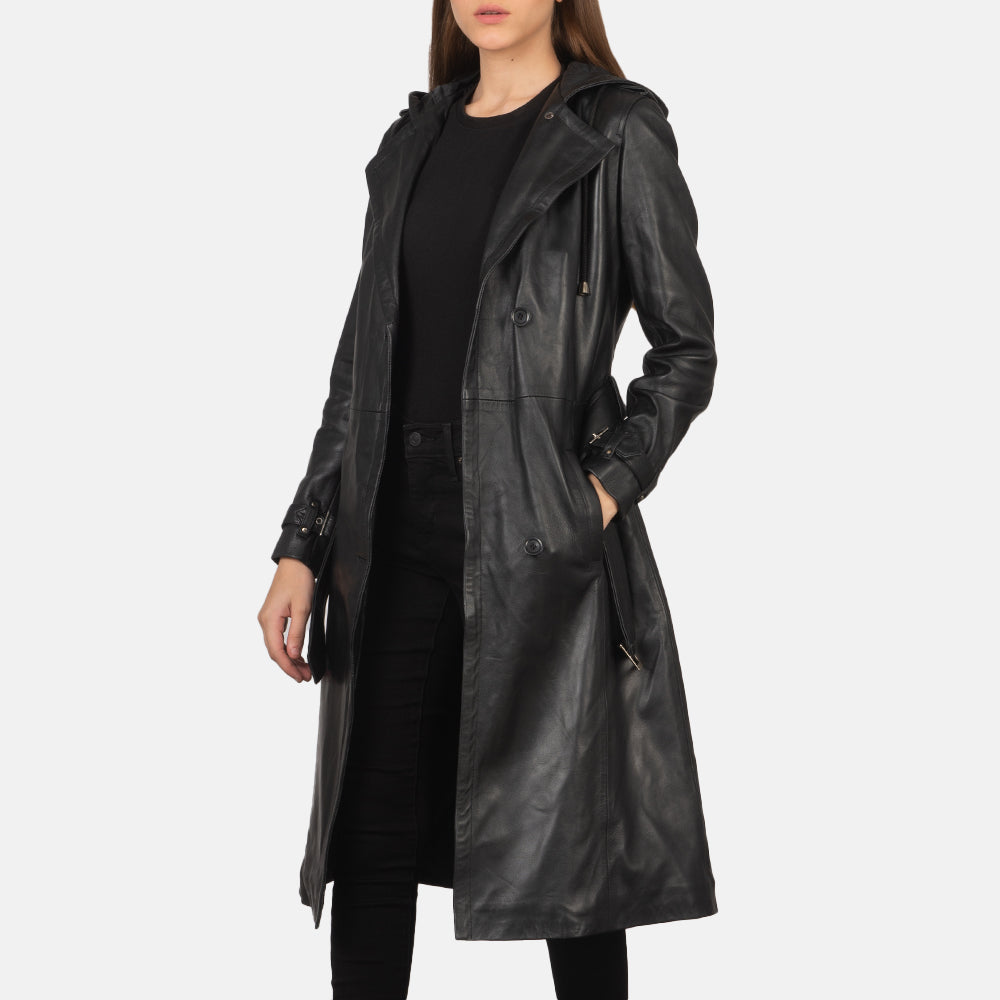 Womens Black Leather Trench Coat With Hooded - Leather Coat - Tonybon