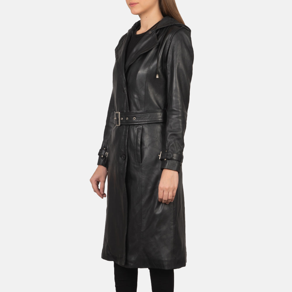 Womens Black Leather Trench Coat With Hooded - Leather Coat - Tonybon