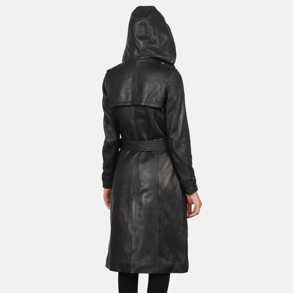 Womens Black Leather Trench Coat With Hooded - Leather Coat - Tonybon