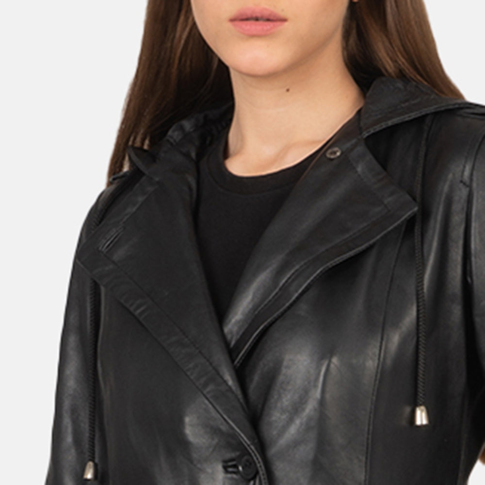 Womens Black Leather Trench Coat With Hooded - Leather Coat - Tonybon