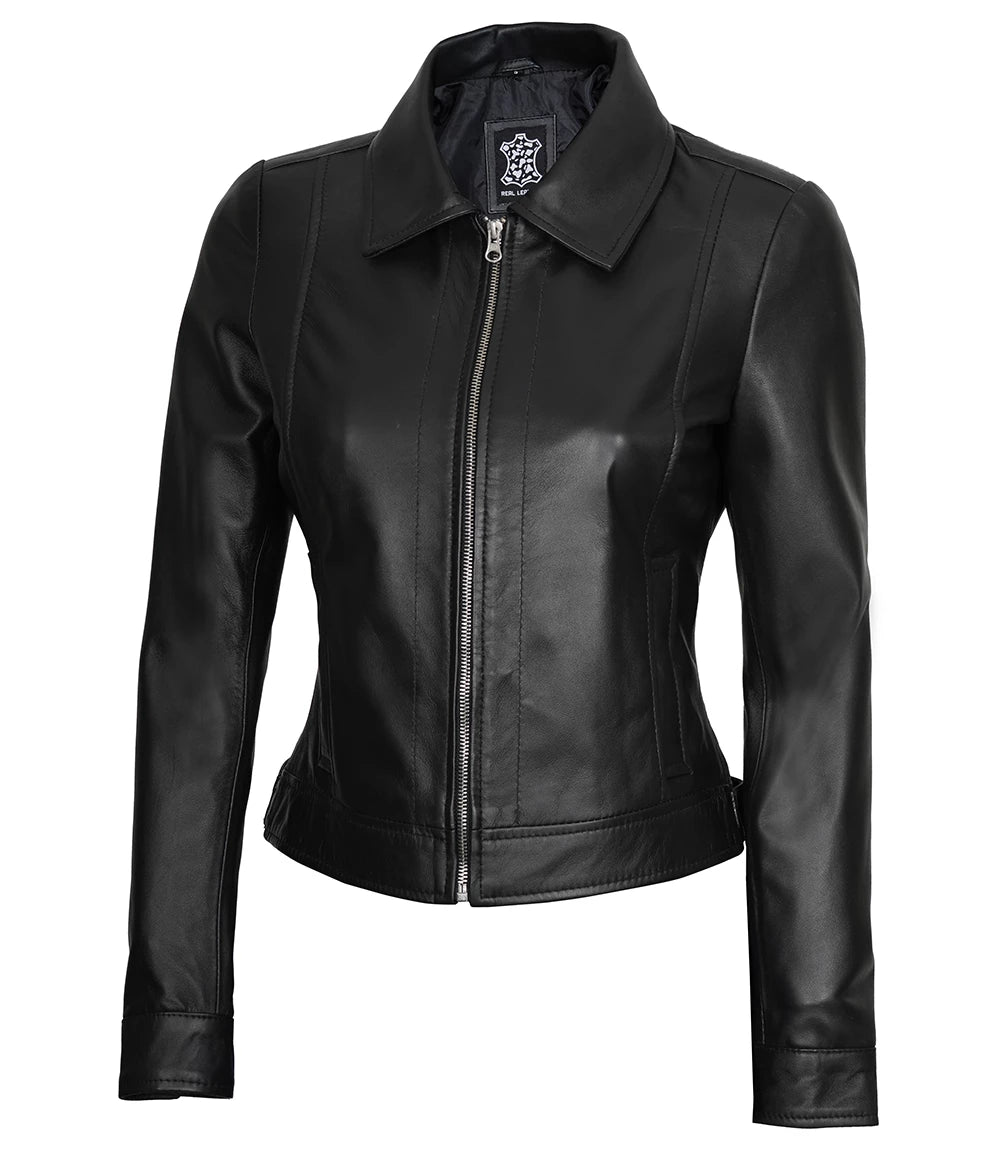 Womens Harrington Black Leather Jacket With Shirt Collar  women's black leather jacket, Harrington leather jacket, leather jacket with shirt collar, premium leather jacket for women, stylish women's leather jacket, high-quality leather outerwear, unique leather jacket for women, modern Harrington jacket, durable women's leather jacket, elegant black leather jacket