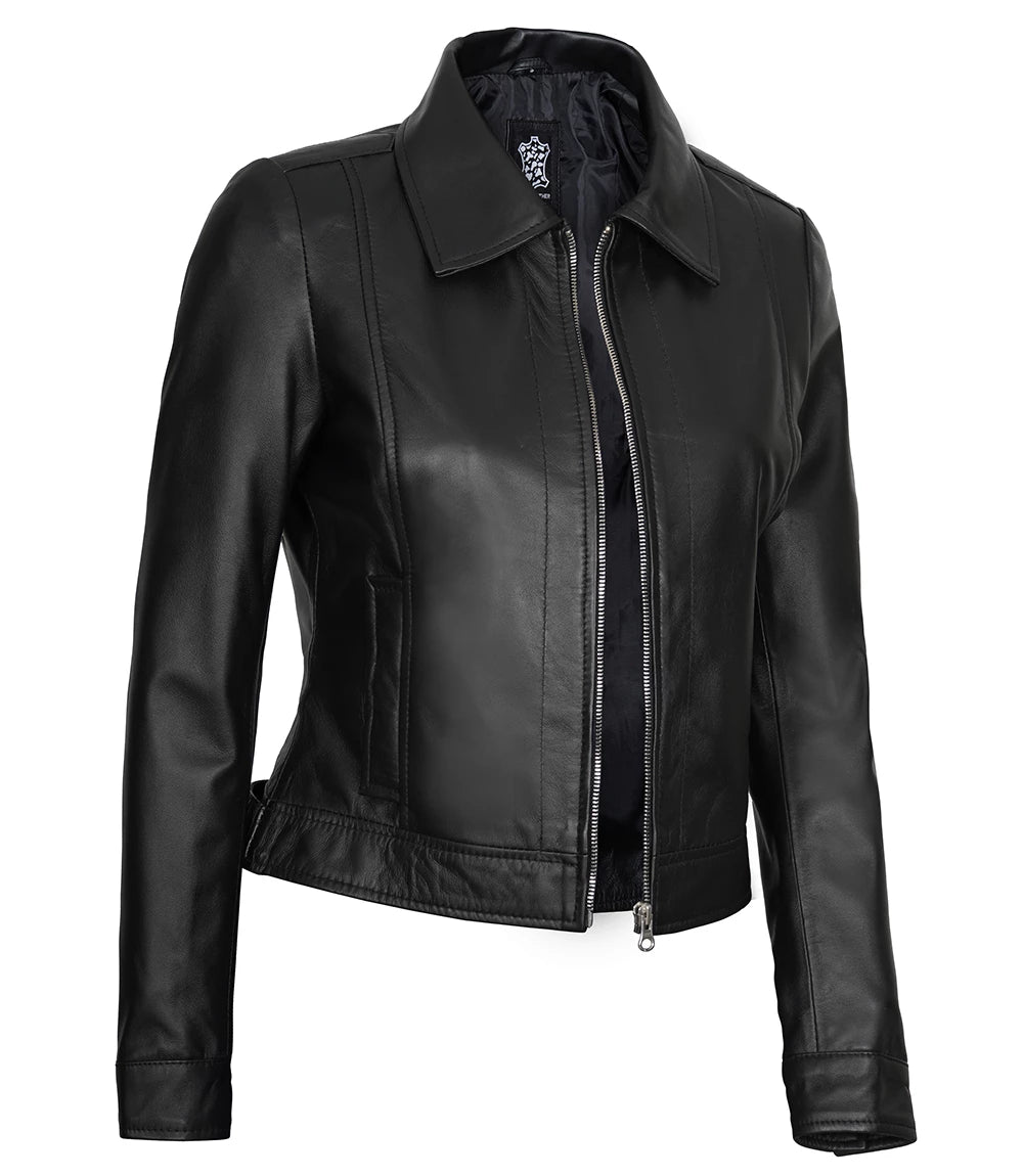 Womens Harrington Black Leather Jacket With Shirt Collar  women's black leather jacket, Harrington leather jacket, leather jacket with shirt collar, premium leather jacket for women, stylish women's leather jacket, high-quality leather outerwear, unique leather jacket for women, modern Harrington jacket, durable women's leather jacket, elegant black leather jacket