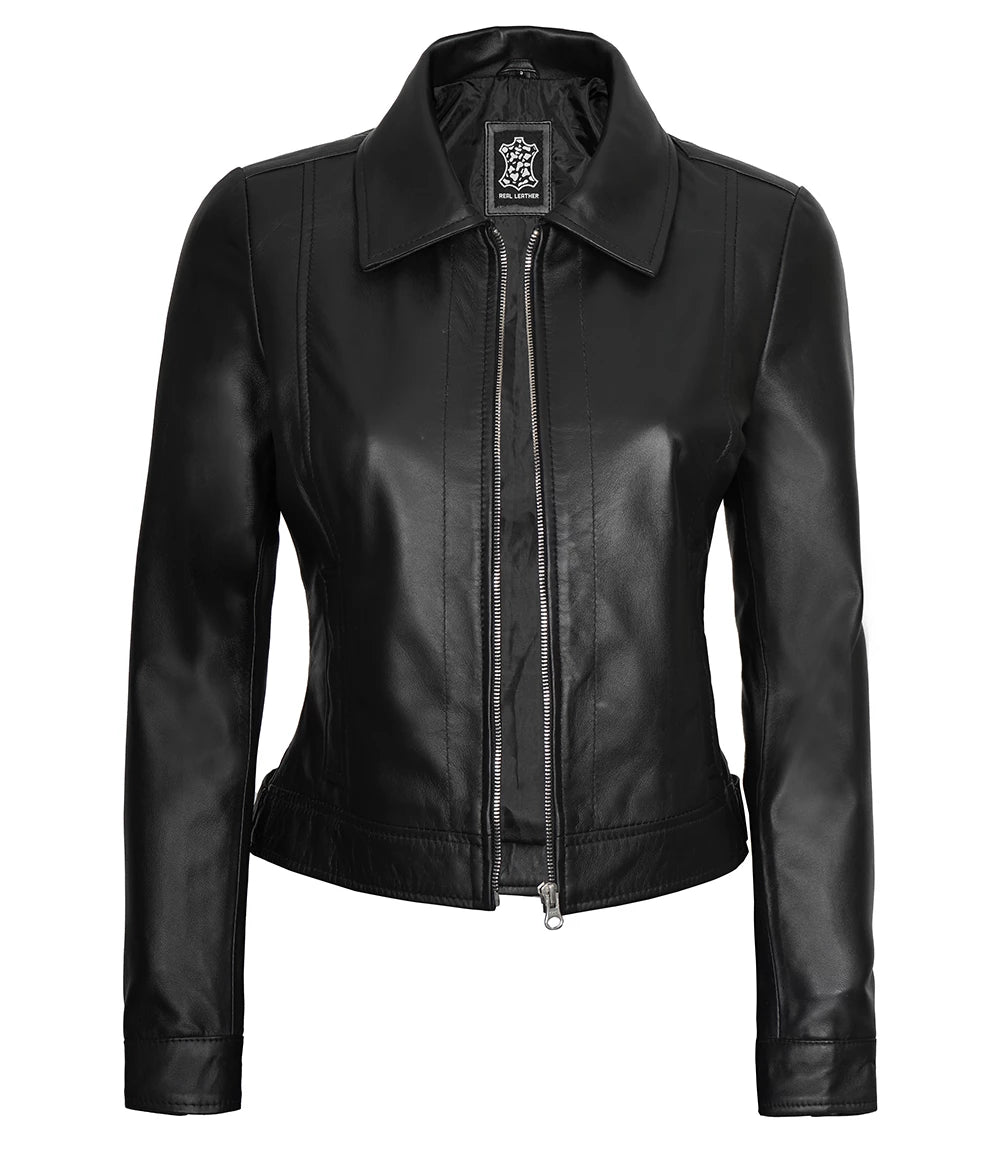 Womens Harrington Black Leather Jacket With Shirt Collar  women's black leather jacket, Harrington leather jacket, leather jacket with shirt collar, premium leather jacket for women, stylish women's leather jacket, high-quality leather outerwear, unique leather jacket for women, modern Harrington jacket, durable women's leather jacket, elegant black leather jacket