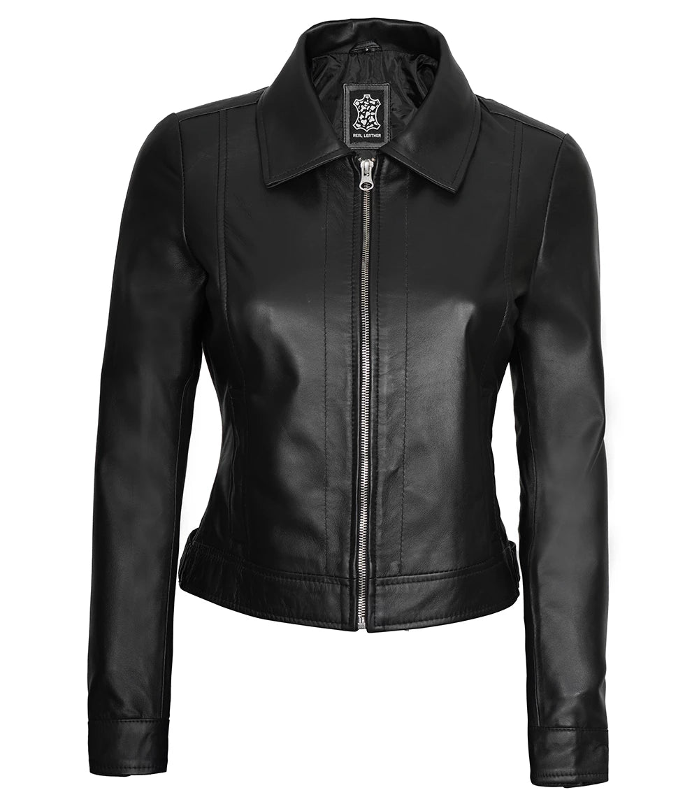 Womens Harrington Black Leather Jacket With Shirt Collar  women's black leather jacket, Harrington leather jacket, leather jacket with shirt collar, premium leather jacket for women, stylish women's leather jacket, high-quality leather outerwear, unique leather jacket for women, modern Harrington jacket, durable women's leather jacket, elegant black leather jacket