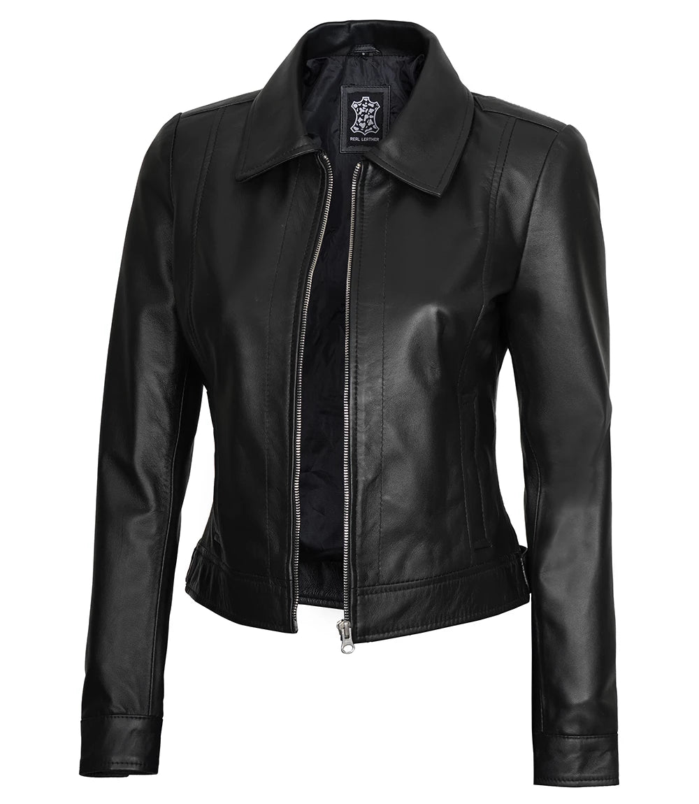 Womens Harrington Black Leather Jacket With Shirt Collar  women's black leather jacket, Harrington leather jacket, leather jacket with shirt collar, premium leather jacket for women, stylish women's leather jacket, high-quality leather outerwear, unique leather jacket for women, modern Harrington jacket, durable women's leather jacket, elegant black leather jacket