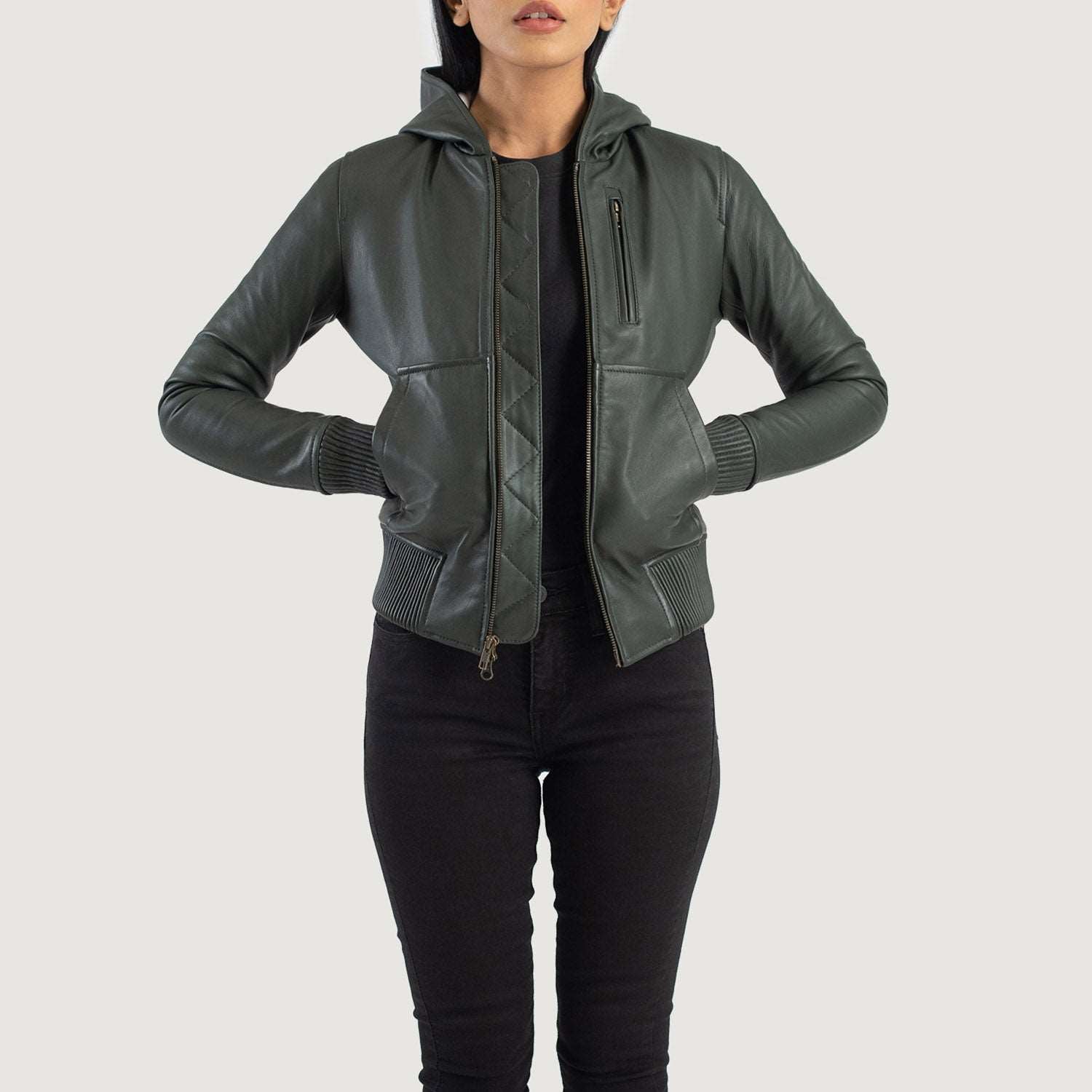 Womens A1 Green Hooded Leather Bomber Jacket - Hooded Jacket Leather Jacket Biker Jacket Womens Bomber Jacket Women's A1 Green Hooded Leather Bomber Jacket, Hooded Women's Leather Bomber Jacket, Stylish Women's Green Bomber Jacket, Premium Quality Leather Jacket for Women, Durable Green Leather Jacket for Women, Fashionable Hooded Bomber Jacket for Women, High-Quality Women's Leather Outerwear, Trendy Women's Leather Bomber Jacket, Green Leather Jacket with Hood, Women's Fashion Leather Jacket