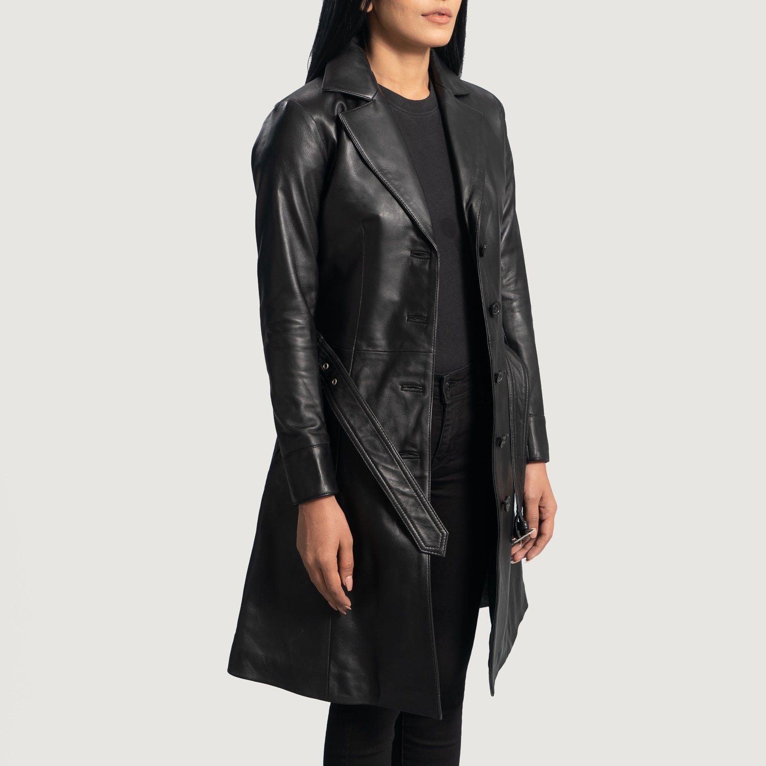 Womens Moon light Black Leather Trench Coat Full Length Women's Black Leather Trench Coat Full Length, Full Length Black Leather Coat for Women, Women's Leather Trench Coat, Stylish Women's Leather Trench Coat, Premium Quality Women's Leather Coat, Elegant Women's Leather Outerwear, Classic Women's Leather Coat