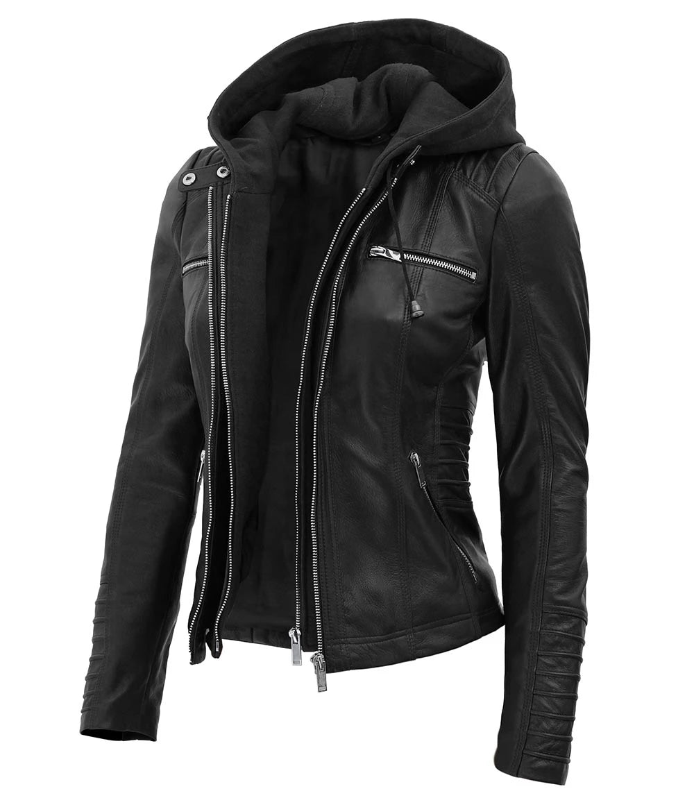 Womens Black Hooded Leather Moto Jacket With Removable Hood women's hooded leather moto jacket, black leather moto jacket with removable hood, stylish women's leather jacket, premium leather moto jacket, versatile women's leather jacket, high-quality leather outerwear, modern moto jacket for women, women's fashionable leather jacket, durable leather jacket, comfortable moto jacket,Biker Leather Jacket