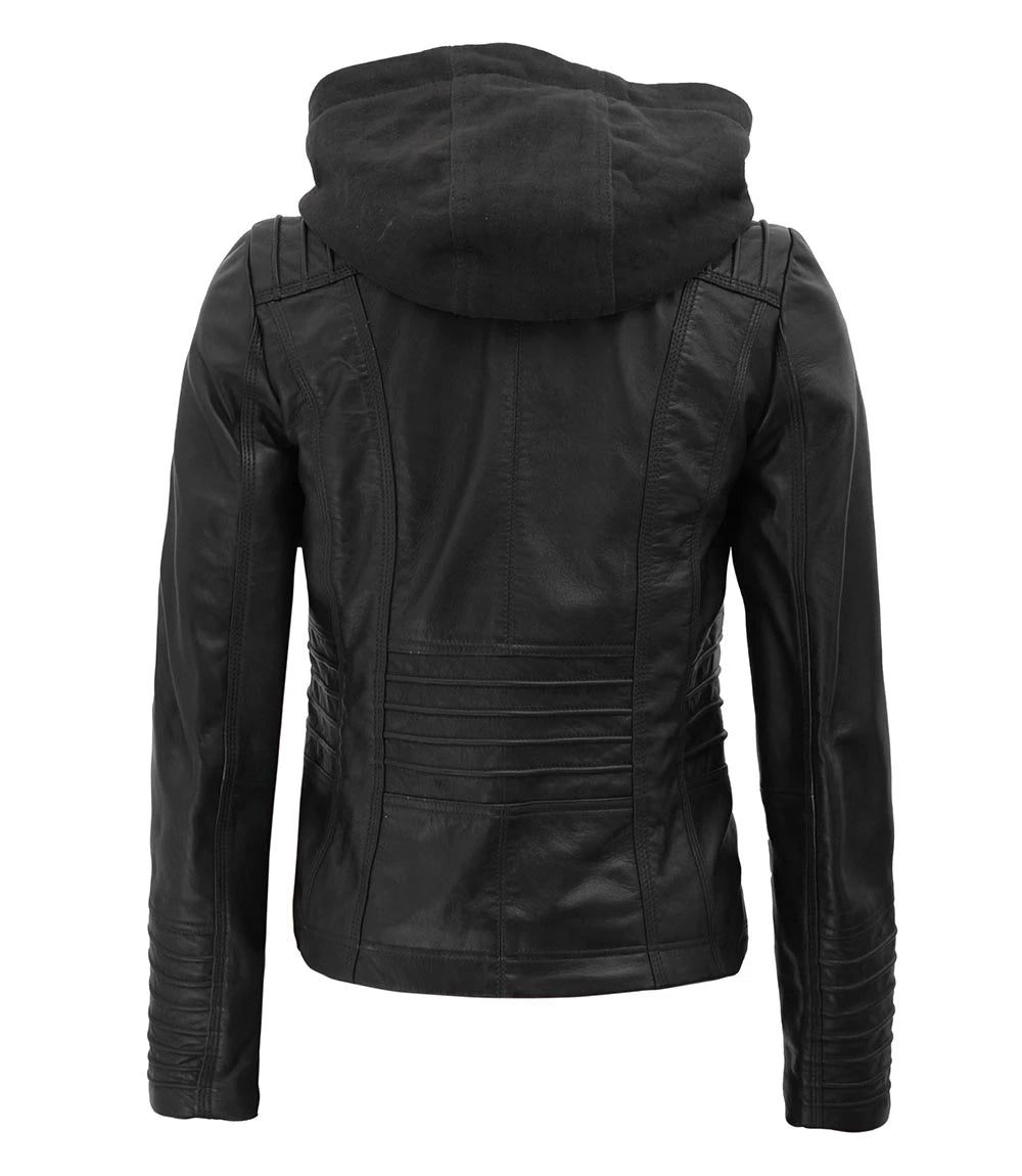 Womens Black Hooded Leather Moto Jacket With Removable Hood women's hooded leather moto jacket, black leather moto jacket with removable hood, stylish women's leather jacket, premium leather moto jacket, versatile women's leather jacket, high-quality leather outerwear, modern moto jacket for women, women's fashionable leather jacket, durable leather jacket, comfortable moto jacket,Biker Leather Jacket