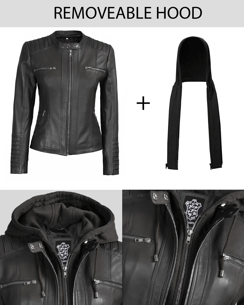 Womens Black Hooded Leather Moto Jacket With Removable Hood women's hooded leather moto jacket, black leather moto jacket with removable hood, stylish women's leather jacket, premium leather moto jacket, versatile women's leather jacket, high-quality leather outerwear, modern moto jacket for women, women's fashionable leather jacket, durable leather jacket, comfortable moto jacket,Biker Leather Jacket