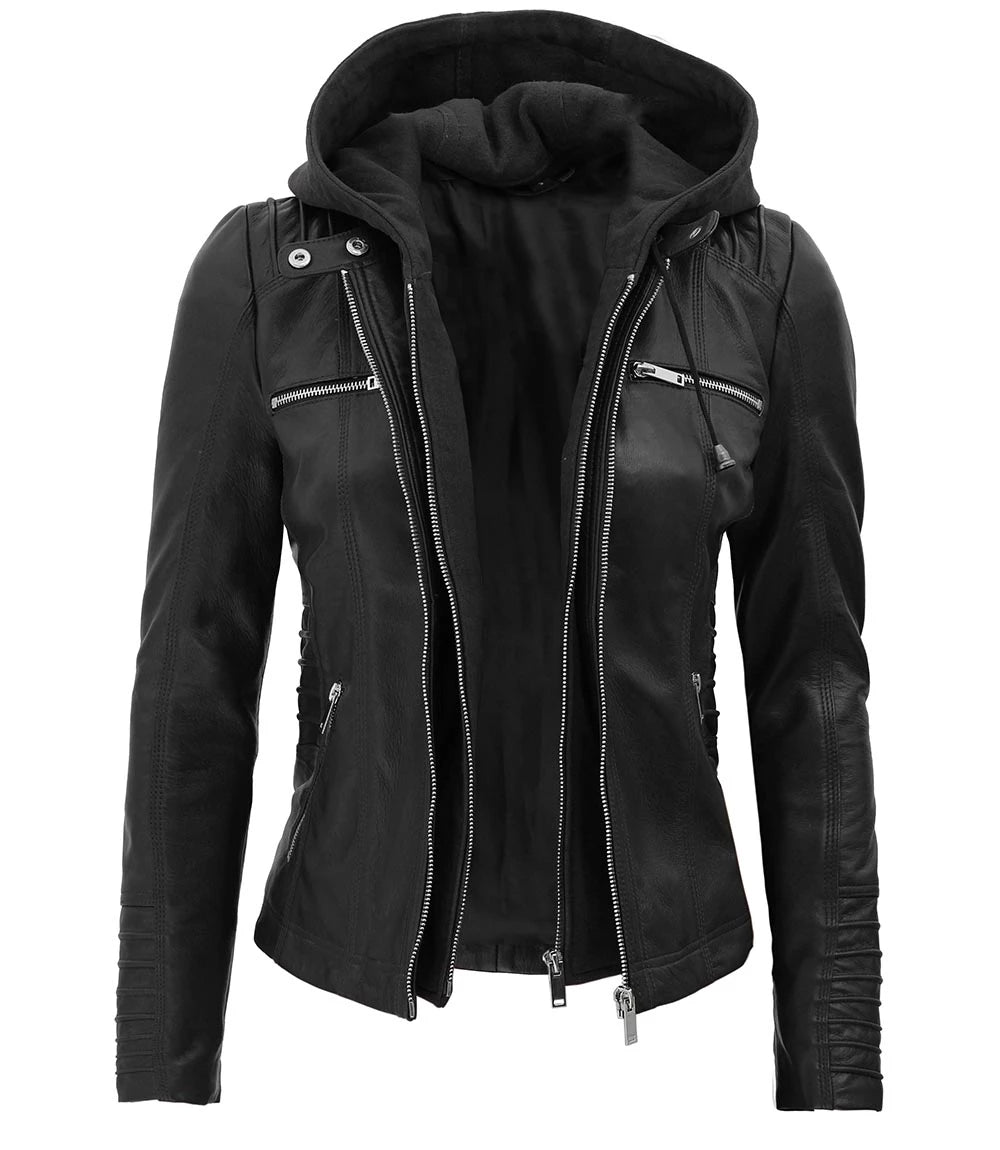 Womens Black Hooded Leather Moto Jacket With Removable Hood women's hooded leather moto jacket, black leather moto jacket with removable hood, stylish women's leather jacket, premium leather moto jacket, versatile women's leather jacket, high-quality leather outerwear, modern moto jacket for women, women's fashionable leather jacket, durable leather jacket, comfortable moto jacket,Biker Leather Jacket