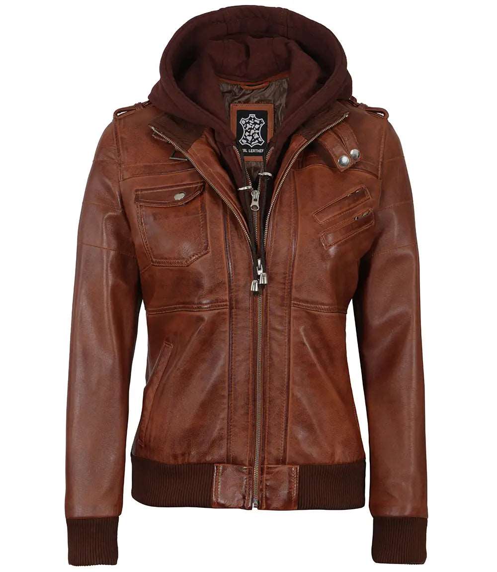 Womens Hooded Brown Waxed Bomber leather jacket With Removable Hood Women's Hooded Brown Waxed Bomber Leather Jacket, Removable Hood Leather Jacket, Women's Bomber Jacket, Brown Leather Jacket, Waxed Leather Jacket, Premium Quality Leather Jacket, Stylish Women's Leather Jacket, Ladies Leather Outerwear, Elegant Women's Bomber Jacket, Women's Fashion Leather Outerwear, High-Quality Leather Jacket for Women, Trendy Women's Leather Jacket, Real Leather Bomber Jacket for Women