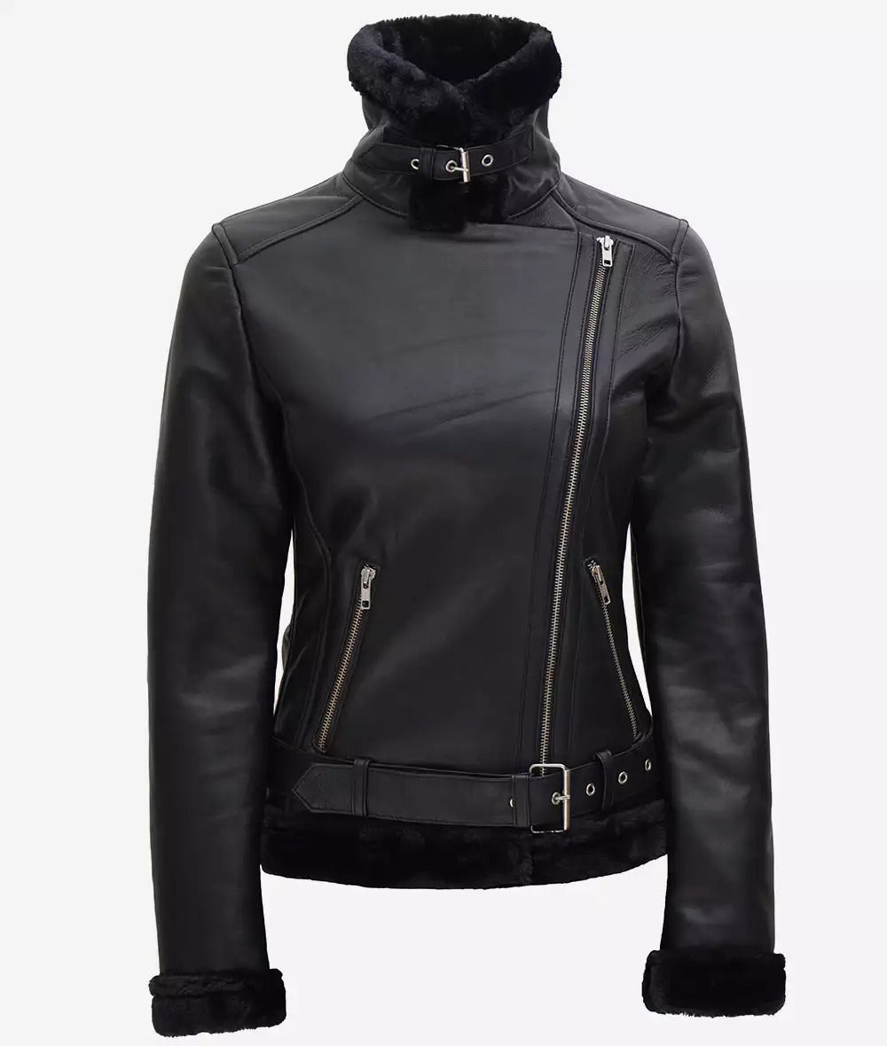 black shearling leather jacket for women, designer leather coat with shearling, luxury winter coats for women, fashion-forward black leather coat, women's tailored leather jacket, modern shearling coats, asymmetrical zip jacket.