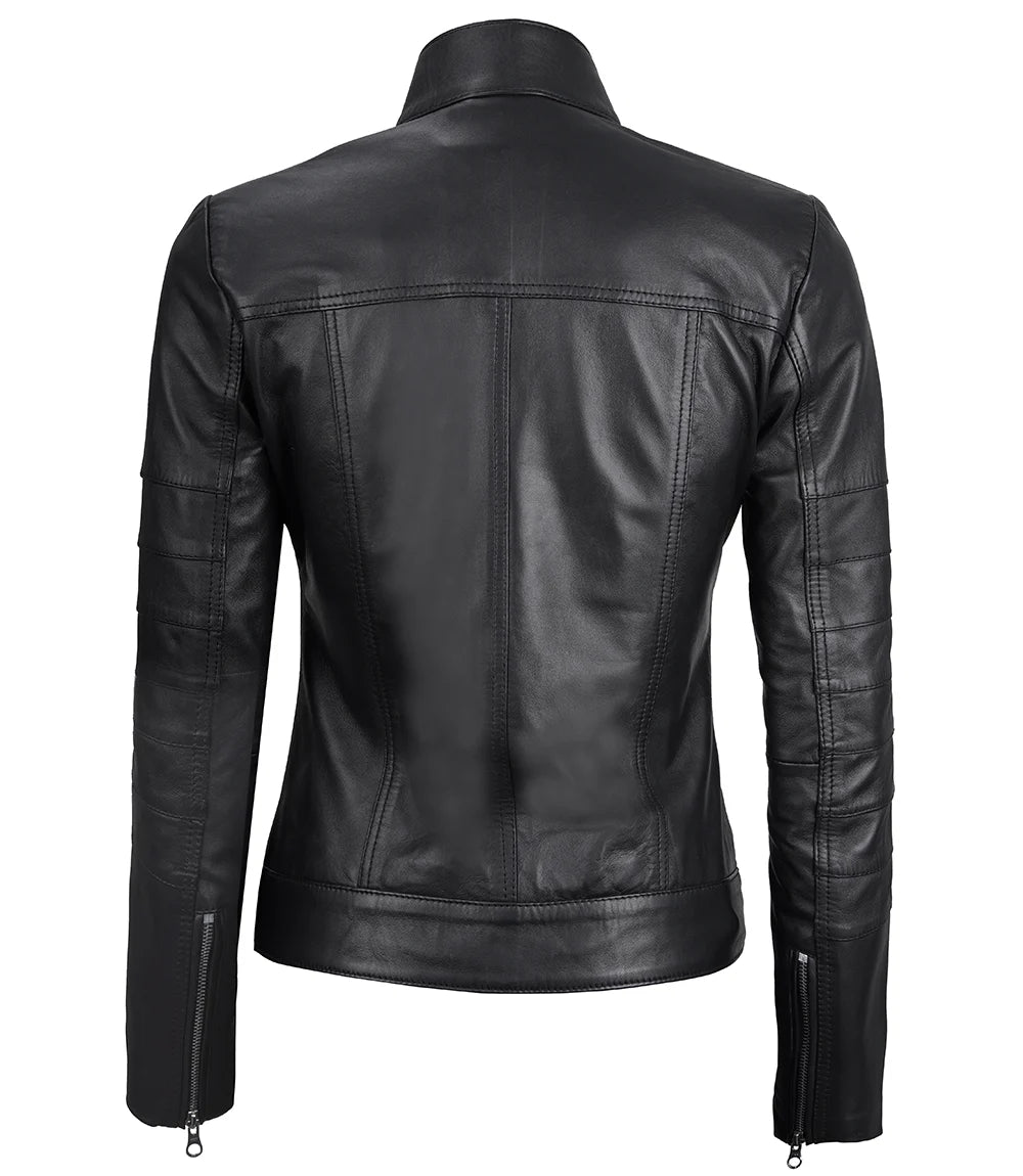 Womens Black Leather Cafe Racer Jacket With Front Lining Design Women's Black Leather Cafe Racer Jacket, Front Zipper Leather Jacket, Women's Leather Jacket, Black Leather Cafe Racer, Motorcycle Jacket for Women, Premium Quality Leather Jacket, Stylish Women's Leather Jacket, Ladies Leather Outerwear, Elegant Women's Motorcycle Jacket, Women's Fashion Leather Outerwear, High-Quality Leather Jacket for Women, Trendy Women's Leather Jacket, Real Leather Cafe Racer Jacket for Women