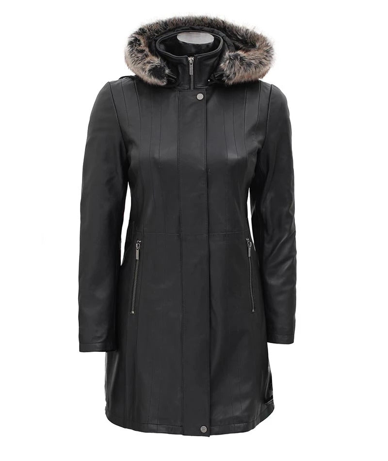 black leather long coat for women, women's shearling coat with hood, winter leather coat, stylish women's long coat, black shearling jacket, faux fur-lined leather coat, luxury winter coats for women, black long winter coat, elegant women's leather coat, leather shearling hooded coat.