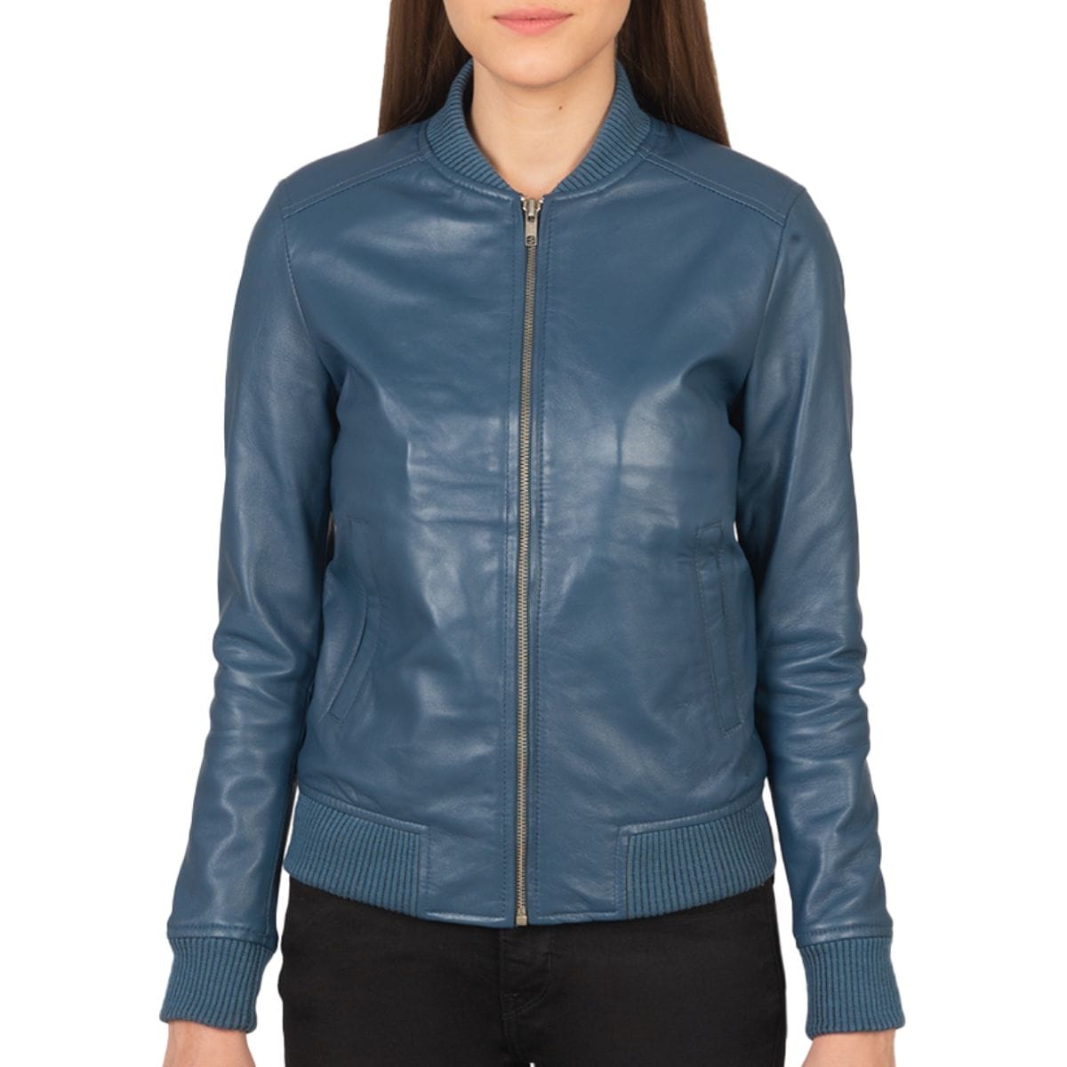 Women bliss blue leather bomber jacket 