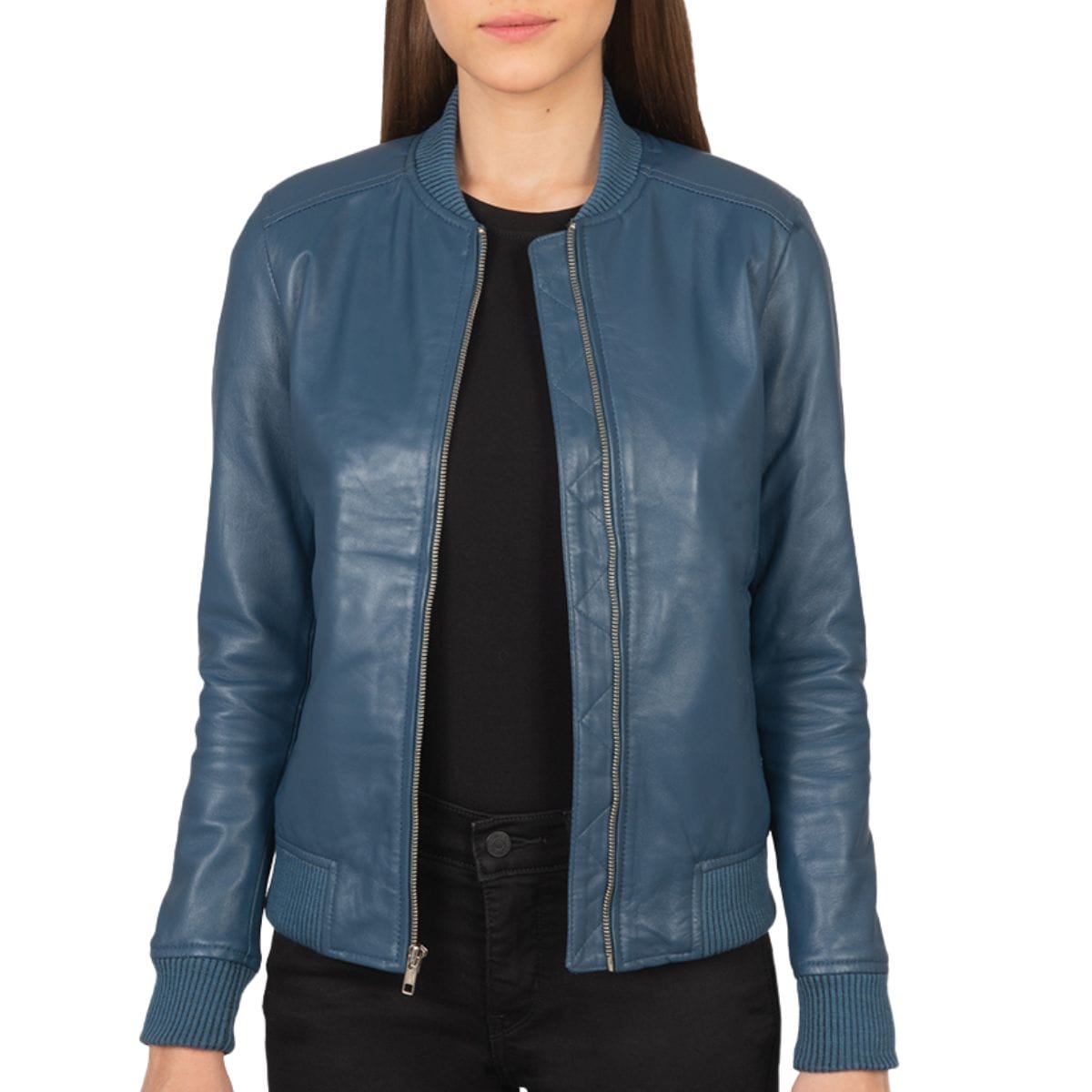 Women bliss blue leather bomber jacket