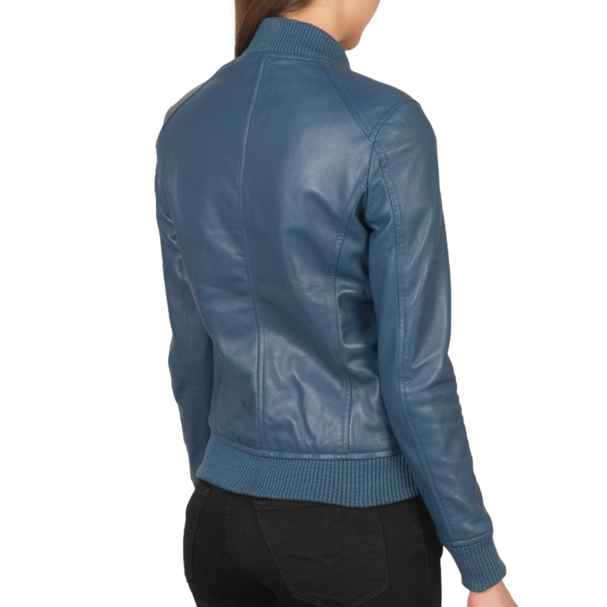 Women bliss blue leather bomber jacket
