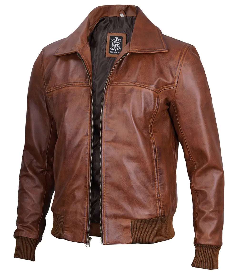 Mens Brown Distressed Leather Bomber Jacket With Band Collar men's leather jacket, brown leather jacket, distressed leather jacket, bomber jacket, genuine leather jacket, men's bomber jacket, distressed bomber jacket, brown bomber jacket, stylish men's leather jacket, high-quality leather jacket, men's fashion jacket, men's outerwear, leather jacket for men, men's brown leather jacket, classic leather jacket, timeless leather jacket, luxury leather jacket, men's durable leather jacket, 