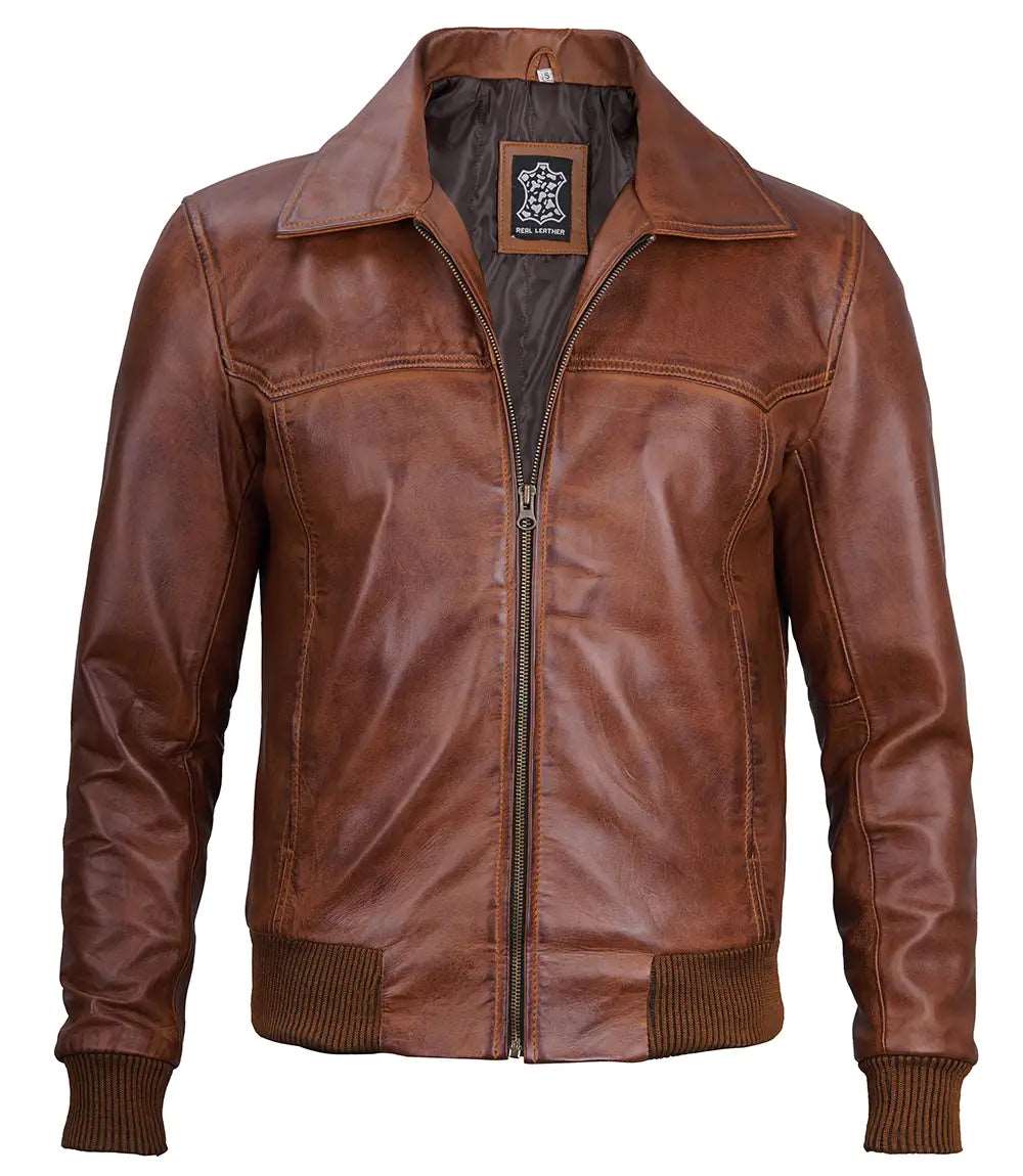 Mens Brown Distressed Leather Bomber Jacket With Band Collar men's leather jacket, brown leather jacket, distressed leather jacket, bomber jacket, genuine leather jacket, men's bomber jacket, distressed bomber jacket, brown bomber jacket, stylish men's leather jacket, high-quality leather jacket, men's fashion jacket, men's outerwear, leather jacket for men, men's brown leather jacket, classic leather jacket, timeless leather jacket, luxury leather jacket, men's durable leather jacket, 