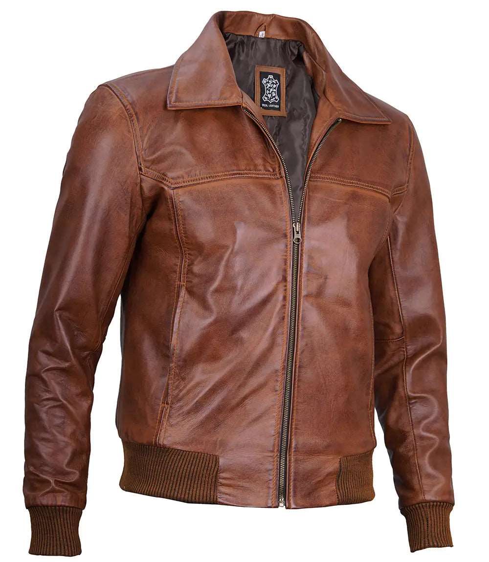 Mens Brown Distressed Leather Bomber Jacket With Band Collar men's leather jacket, brown leather jacket, distressed leather jacket, bomber jacket, genuine leather jacket, men's bomber jacket, distressed bomber jacket, brown bomber jacket, stylish men's leather jacket, high-quality leather jacket, men's fashion jacket, men's outerwear, leather jacket for men, men's brown leather jacket, classic leather jacket, timeless leather jacket, luxury leather jacket, men's durable leather jacket, 