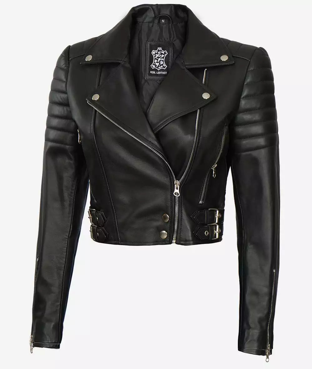 Cropped Motorbike Leather Jacket For Women - Short Length cropped motorbike jacket, women's short leather jacket, edgy biker jacket, stylish women's motorcycle jacket, premium leather jacket, unique cropped jacket, modern biker jacket, durable women's jacket, high-quality leather outerwear, fashionable biker jacket