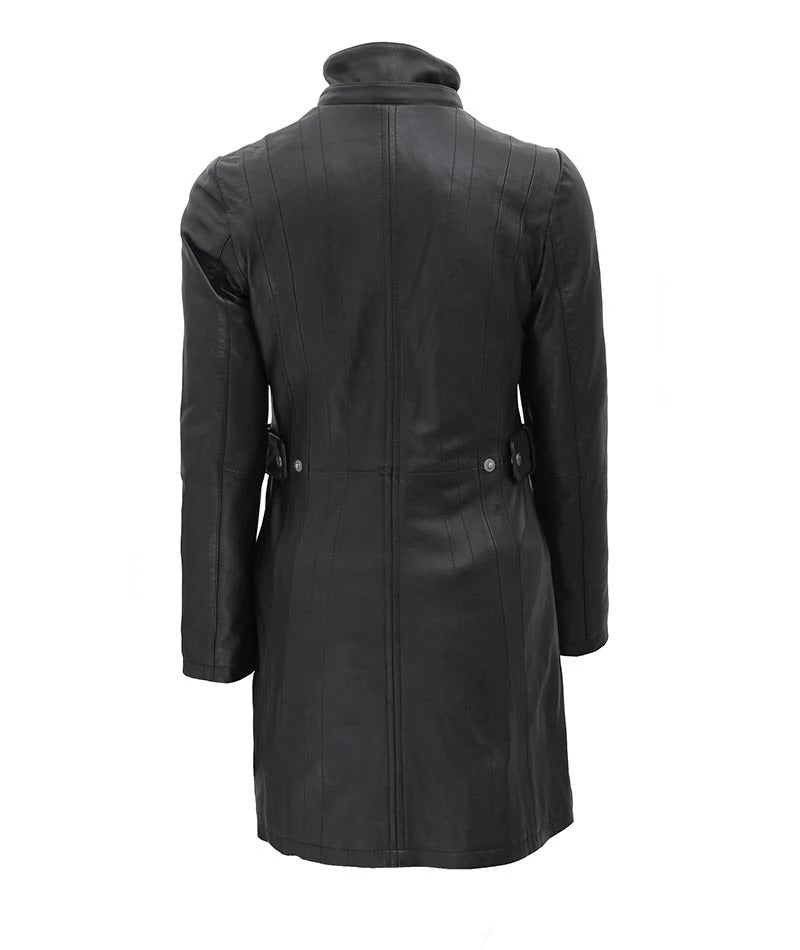 black leather long coat for women, women's shearling coat with hood, winter leather coat, stylish women's long coat, black shearling jacket, faux fur-lined leather coat, luxury winter coats for women, black long winter coat, elegant women's leather coat, leather shearling hooded coat.