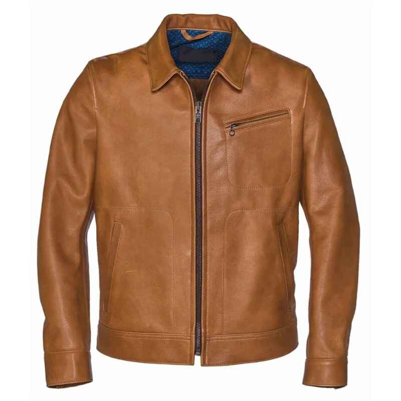 Mens Brown Tan Leather Racer Biker Jacket With Collar - Racer jacket Real Leather