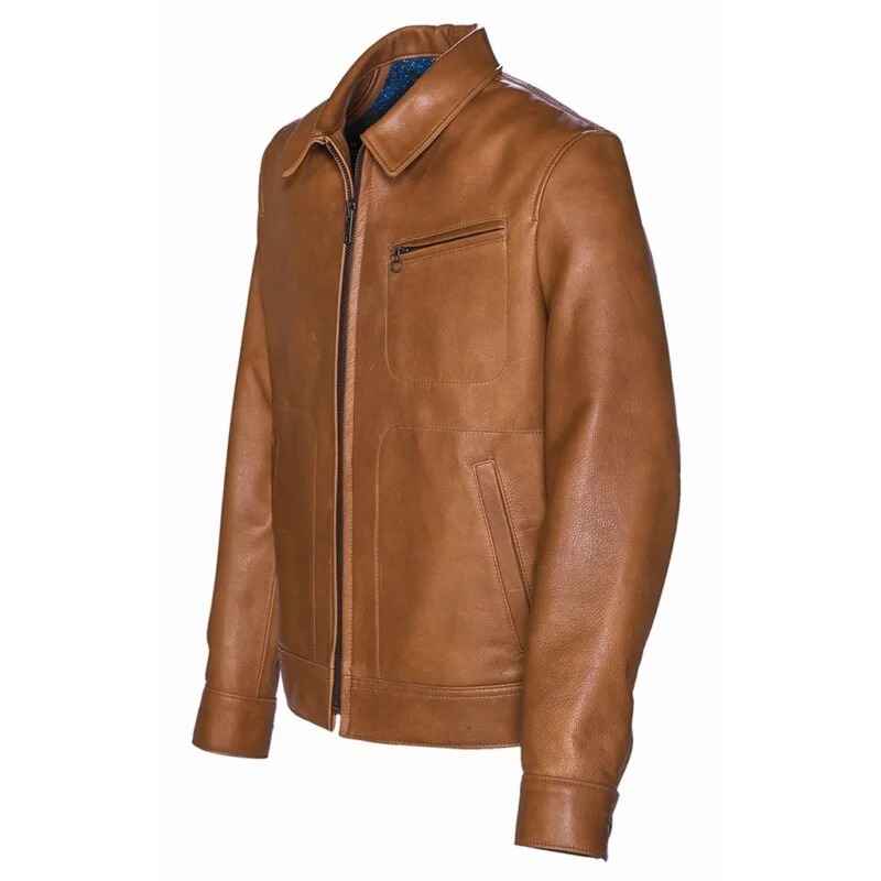 Mens Brown Tan Leather Racer Biker Jacket With Collar - Racer jacket Real Leather