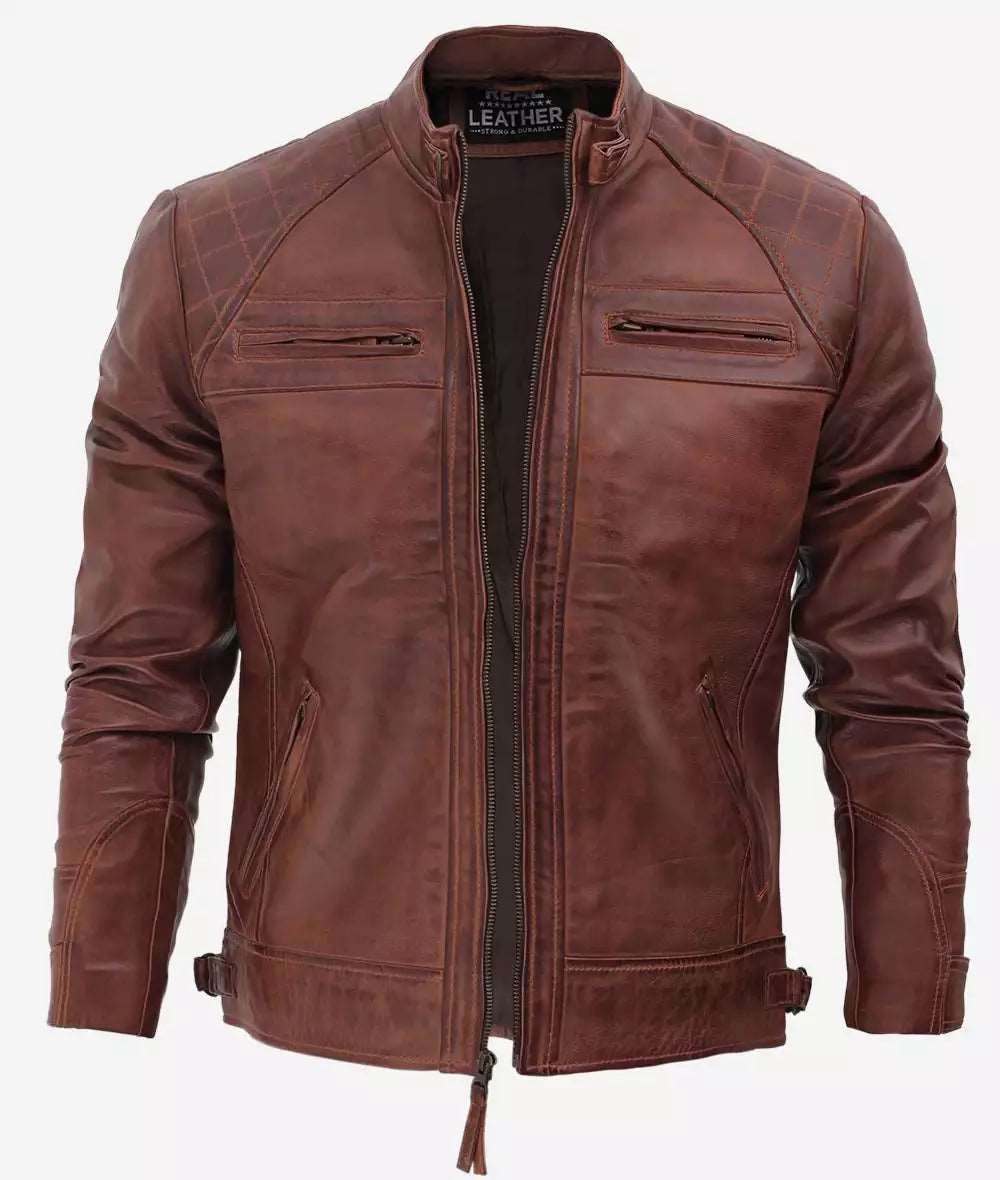 mens brown cafe racer leather jacket With Waxed Shaded - Genuine Leather 