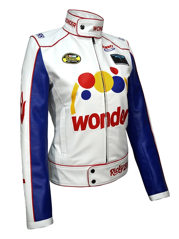 Women's Ricky Bobby leather jacket Ricky Bobby jacket for women Wonder Bread jacket Talladega Nights jacket Women's Wonder Bread leather jacket Ricky Bobby cosplay jacket Racing leather jacket for women Ricky Bobby costume jacket White leather jacket with logos Women's movie-themed leather jacket Talladega Nights women's jacket Ricky Bobby Wonder Bread jacket Women's racing jacket Genuine leather movie jacket Women's faux leather jacket PU leather jacket for women Faux leather material jacket Faux leather b