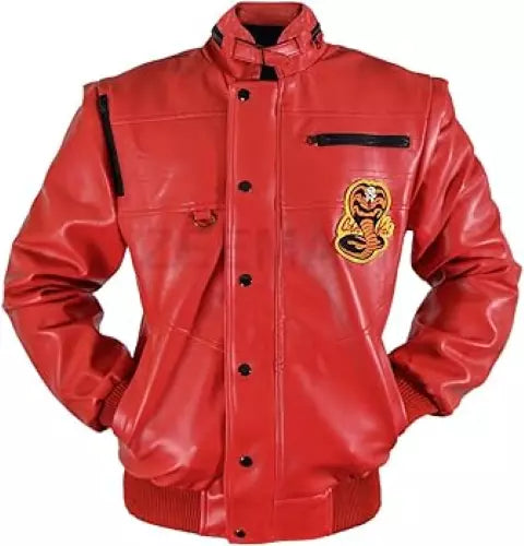 Cobra Kai Johnny Lawrence jacket Johnny Lawrence red jacket Karate Kid jacket Cobra Kai jacket Johnny Lawrence leather jacket Cobra Kai cosplay jacket Johnny Lawrence costume jacket Red leather jacket Cobra Kai merchandise Karate Kid cosplay Cobra Kai series jacket Johnny Lawrence fashion Genuine leather red jacket