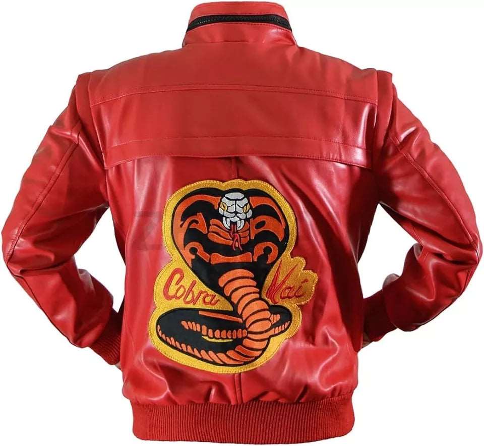 Cobra Kai Johnny Lawrence jacket Johnny Lawrence red jacket Karate Kid jacket Cobra Kai jacket Johnny Lawrence leather jacket Cobra Kai cosplay jacket Johnny Lawrence costume jacket Red leather jacket Cobra Kai merchandise Karate Kid cosplay Cobra Kai series jacket Johnny Lawrence fashion Genuine leather red jacket