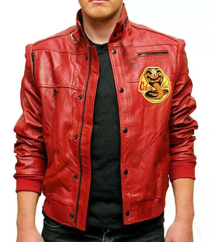 Cobra Kai Johnny Lawrence jacket Johnny Lawrence red jacket Karate Kid jacket Cobra Kai jacket Johnny Lawrence leather jacket Cobra Kai cosplay jacket Johnny Lawrence costume jacket Red leather jacket Cobra Kai merchandise Karate Kid cosplay Cobra Kai series jacket Johnny Lawrence fashion Genuine leather red jacket