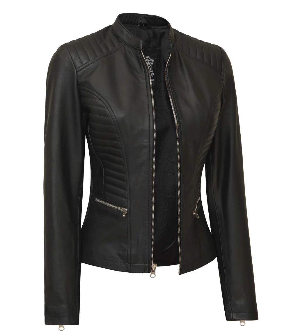 Black Leather Racer Jacket For Womens With Body Fit Black Leather Racer Jacket for Women, Body Fit Leather Jacket, Women's Leather Jacket, Stylish Leather Racer Jacket, High-Quality Women's Leather Jacket, Body-Hugging Leather Jacket, Ladies Fashion Leather Outerwear, Women's Motorcycle Jacket, Premium Leather Jacket for Women, Trendy Women's Leather Jacket