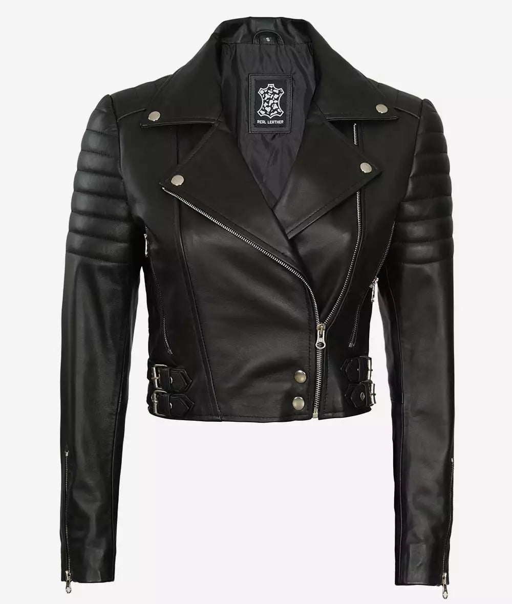 Cropped Motorbike Leather Jacket For Women - Short Length cropped motorbike jacket, women's short leather jacket, edgy biker jacket, stylish women's motorcycle jacket, premium leather jacket, unique cropped jacket, modern biker jacket, durable women's jacket, high-quality leather outerwear, fashionable biker jacket