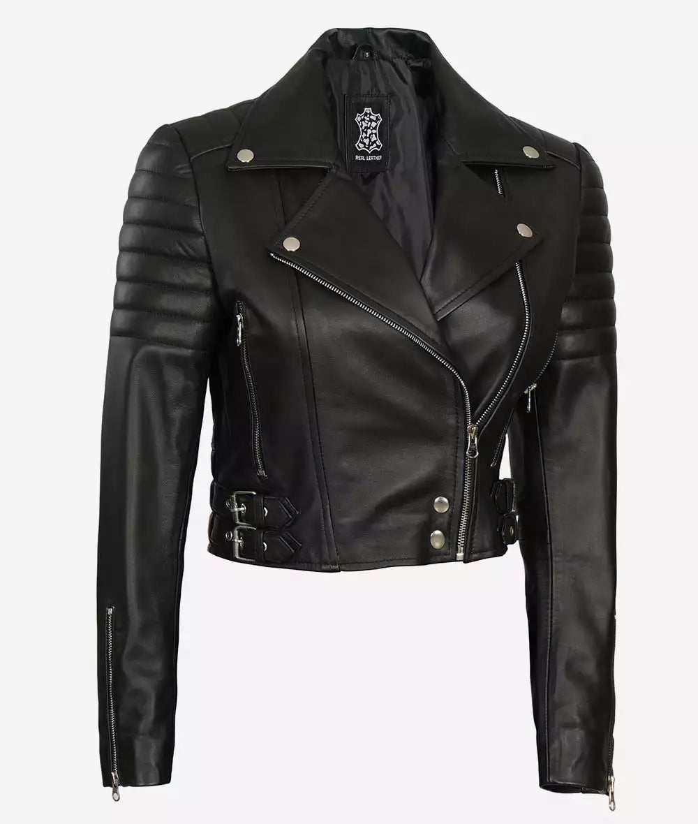 Cropped Motorbike Leather Jacket For Women - Short Length cropped motorbike jacket, women's short leather jacket, edgy biker jacket, stylish women's motorcycle jacket, premium leather jacket, unique cropped jacket, modern biker jacket, durable women's jacket, high-quality leather outerwear, fashionable biker jacket