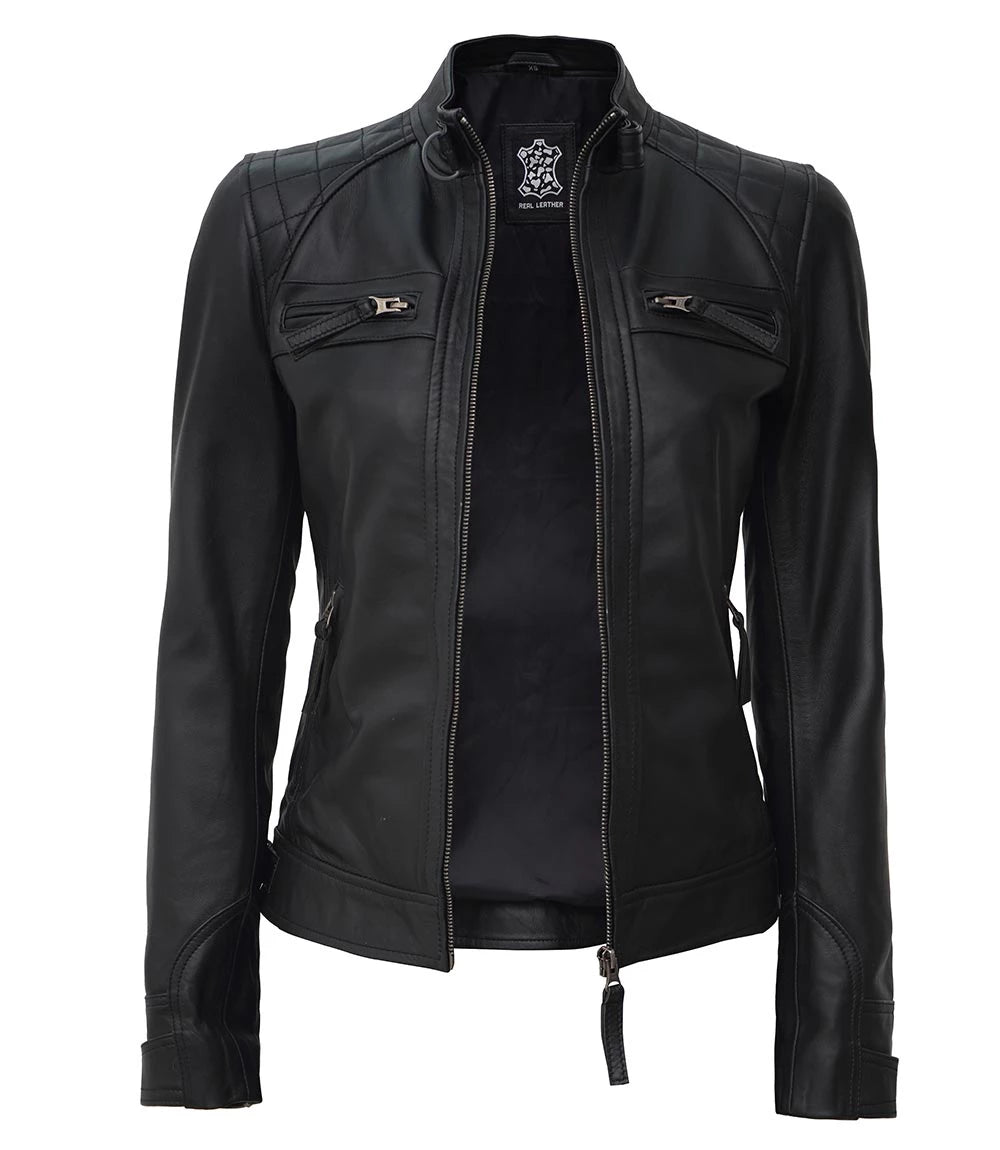 Women Quilted Black Leather Racer Jacket With Classical Look  Women Quilted Black Leather Racer Jacket, Classical Look Leather Jacket, Stylish Women's Leather Jacket, Black Leather Racer Jacket, Premium Quality Leather Jacket, Ladies Leather Outerwear, Elegant Women's Leather Jacket, Women's Fashion Leather Outerwear, High-Quality Leather Jacket for Women, Trendy Women's Leather Jacket, Real Leather Racer Jacket for Women