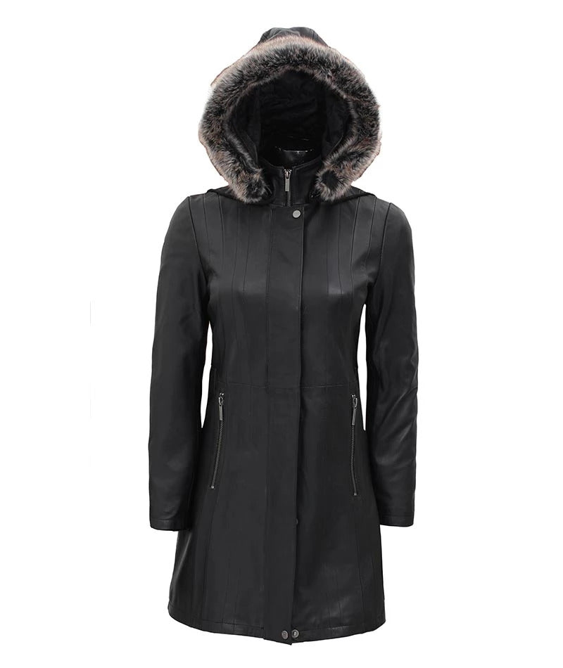 black leather long coat for women, women's shearling coat with hood, winter leather coat, stylish women's long coat, black shearling jacket, faux fur-lined leather coat, luxury winter coats for women, black long winter coat, elegant women's leather coat, leather shearling hooded coat.