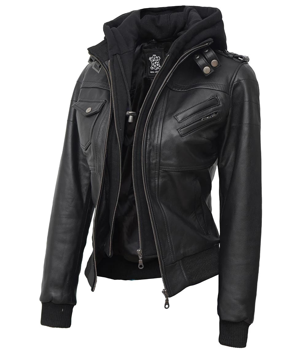 Womens Black Hooded Bomber Leather Jacket With Removable Hood women's black leather jacket, hooded bomber leather jacket, bomber jacket with removable hood, premium leather jacket for women, stylish women's leather jacket, high-quality leather outerwear, versatile leather jacket for women, modern bomber jacket, durable women's leather jacket, elegant black leather jacket