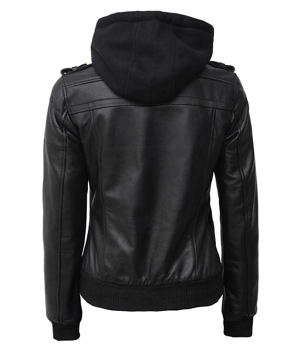 Womens Black Hooded Bomber Leather Jacket With Removable Hood women's black leather jacket, hooded bomber leather jacket, bomber jacket with removable hood, premium leather jacket for women, stylish women's leather jacket, high-quality leather outerwear, versatile leather jacket for women, modern bomber jacket, durable women's leather jacket, elegant black leather jacket