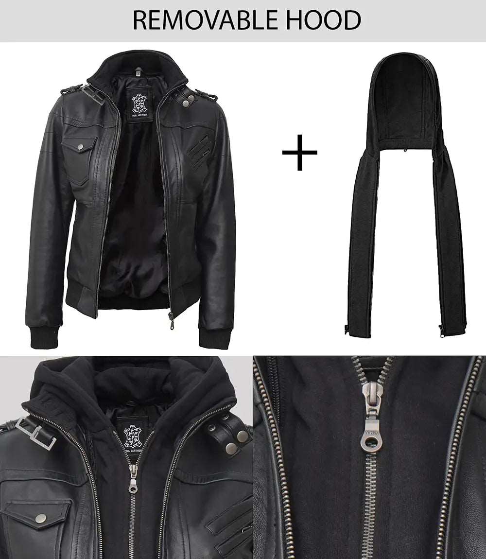 Womens Black Hooded Bomber Leather Jacket With Removable Hood women's black leather jacket, hooded bomber leather jacket, bomber jacket with removable hood, premium leather jacket for women, stylish women's leather jacket, high-quality leather outerwear, versatile leather jacket for women, modern bomber jacket, durable women's leather jacket, elegant black leather jacket